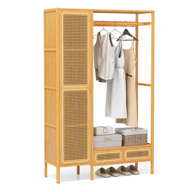 Costway Bamboo Clothing Rack with Cabinet Hanging Rod Storage Shelf & - Natural - See Details