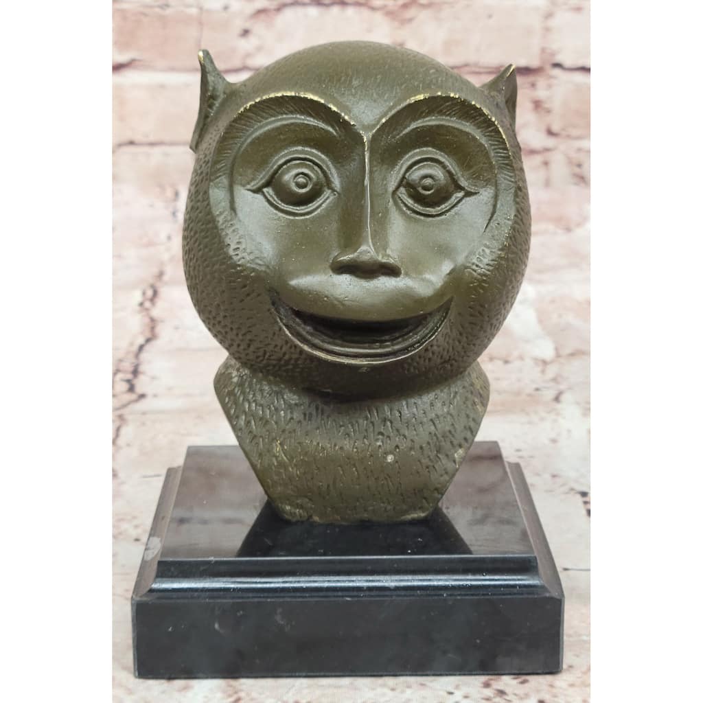 Abstract Bronze Primate Sculpture – Smiling Monkey Bust On Marble Base