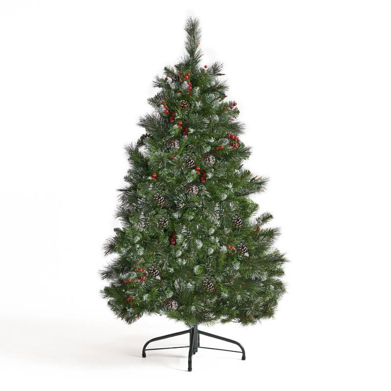 4.5-ft Spruce Pre-Lit or Unlit Artificial Christmas Tree with Glitter Branches Red Berries Pinecones by Christopher Knight Home