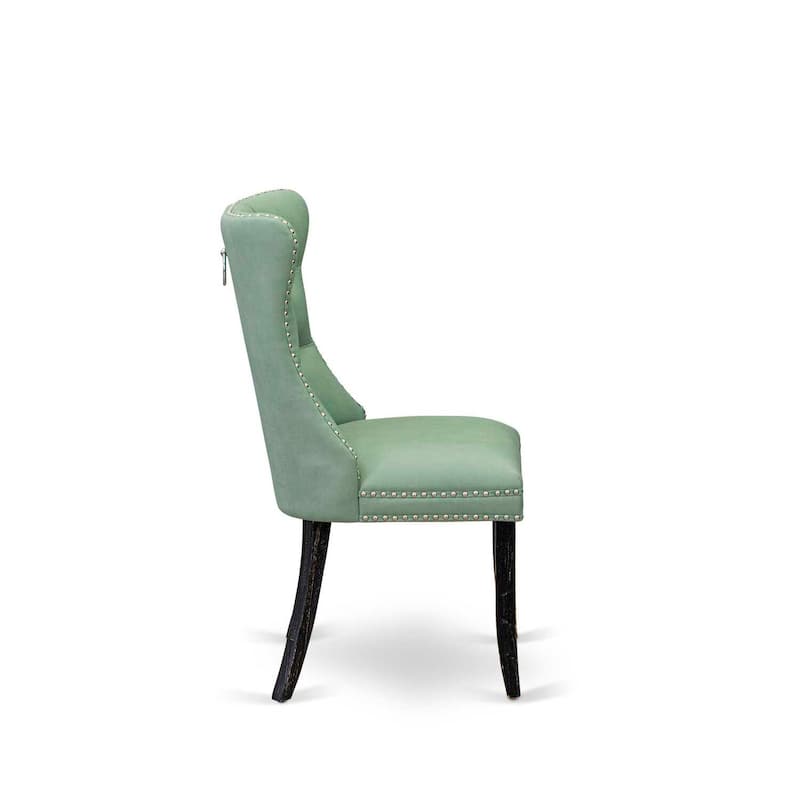 Parson Dining Chairs Set of 2 - Tufted Upholstered Accent Chairs - Willow Green Faux Leather - Black Legs