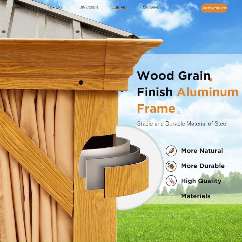 Outdoor Galvanized Steel Roof Gazebo Pergola w Wooden Coated Alumninum Frame, Privacy Curtains and Nettings Include