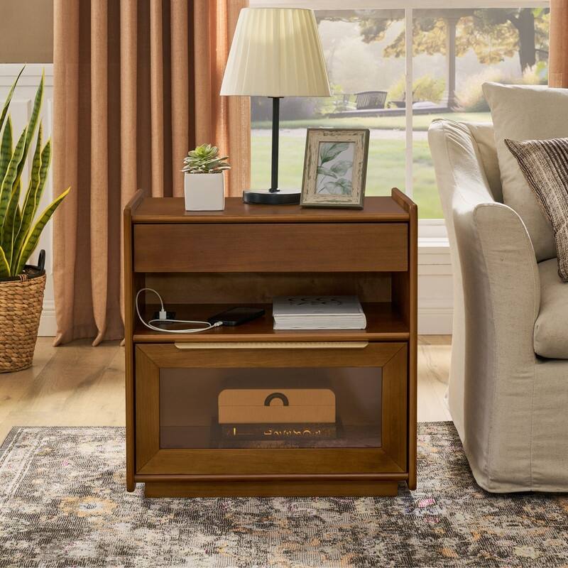 Mid Century Modern 2-Drawer Nightstand with Charging Station and Open Shelf for Bedroom Storage and Convenience - Dark Walnut