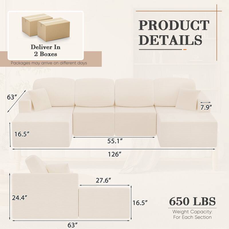 126" Modular Sectional Sofa, U Shaped Cloud Couches for Living Room, Upholstered Boneless Couch with Ottoman