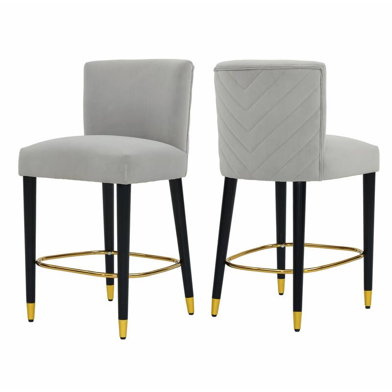 27-Inch Counterstool with Light-Colored Fabric and Gold-Tipped Circular Footrest