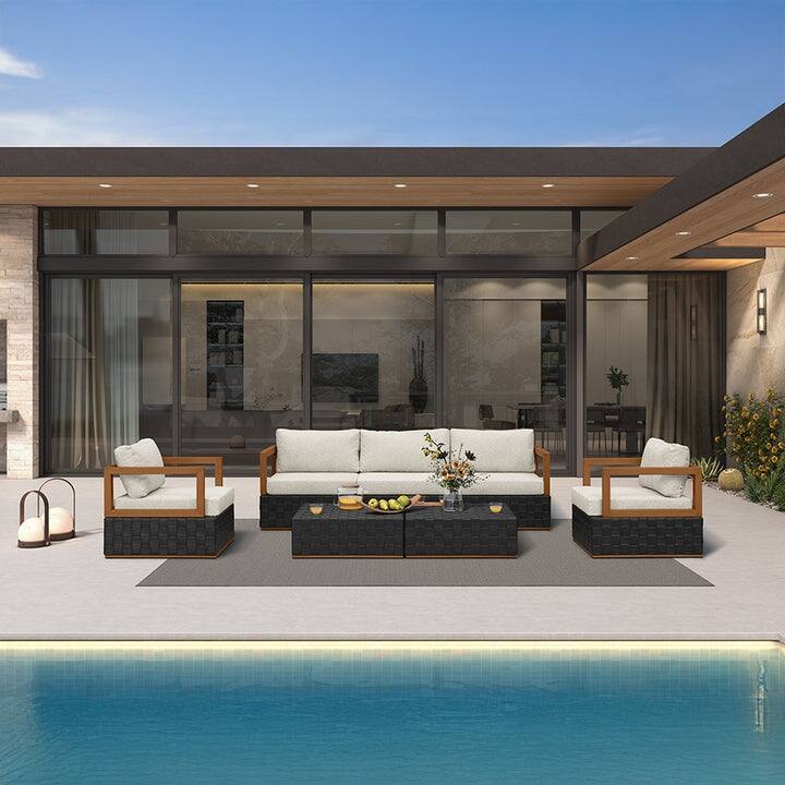 PURPLE LEAF GLFSF Open-End Black sofa with white seat Outdoor Couch for Yard Porch Deck Patio Conversation Sets - 5seats+2 Tables - Open-End