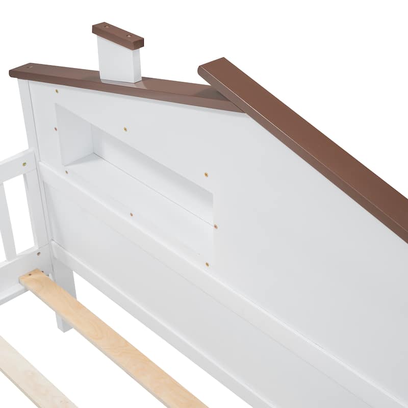 Wood Platform Bed with House-shaped Headboard, LED and Built-in Storage