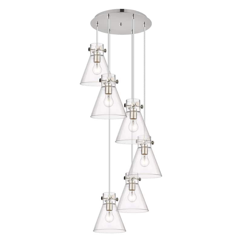 Innovations Lighting Newton Cone - 6 Light 8" Cord Hung Multi Pendant - 14" Canopy - Clear/Polished Nickel
