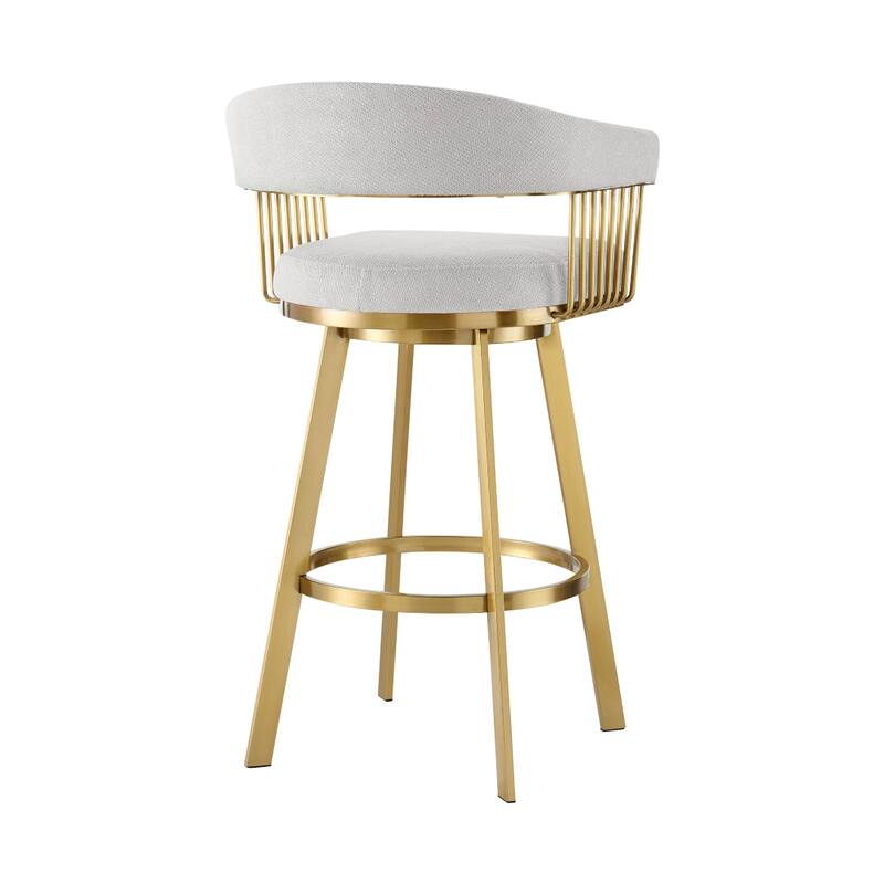 Luci Swivel Barstool Chair, Gold Steel, Taper Legs, Silver Polyester