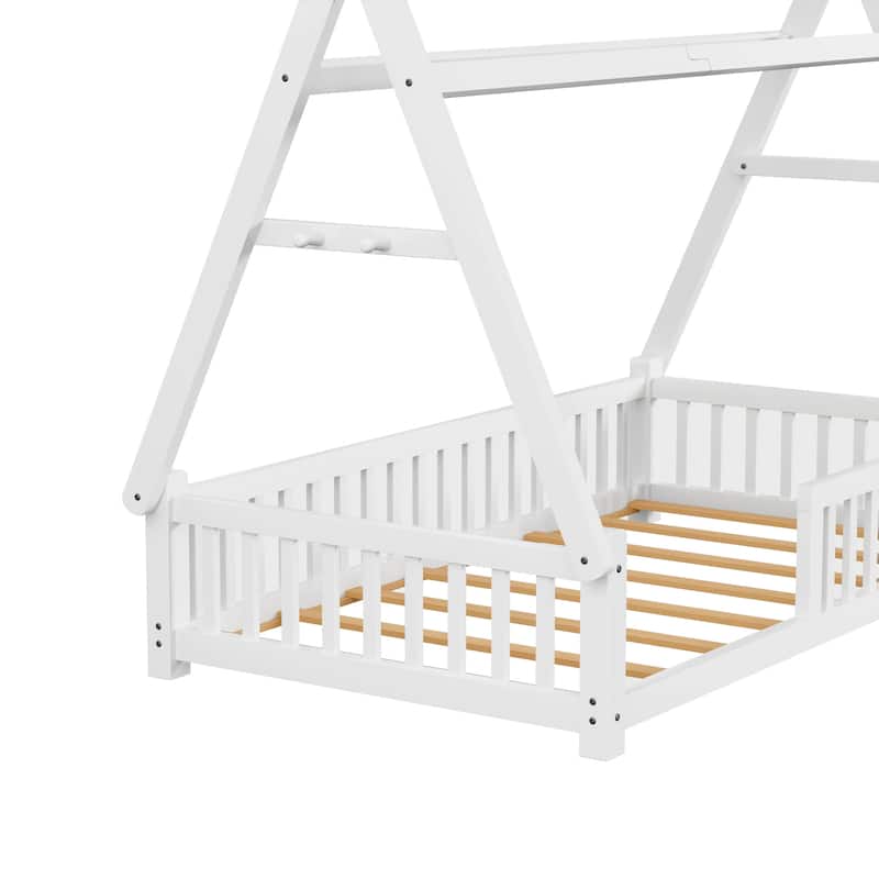 Twin Size Low House Tent Bed with Removable Roof Convertible Floor Bed with Fence, No Door for Kids Boys Girls