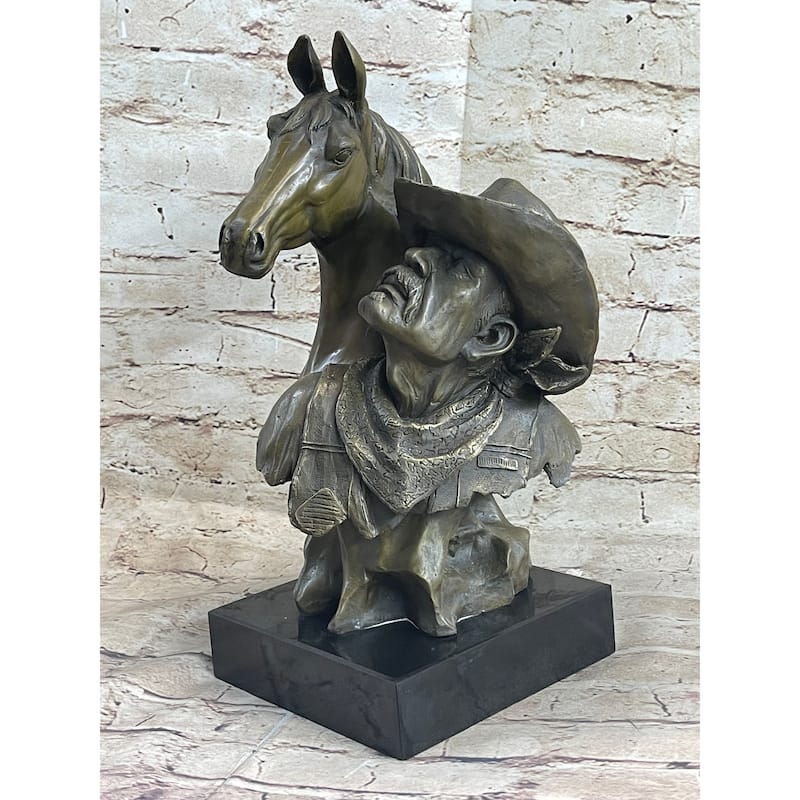 Western Art Old West Cowboy With Horse Bronze Bust Sculpture Marble Statue Decor