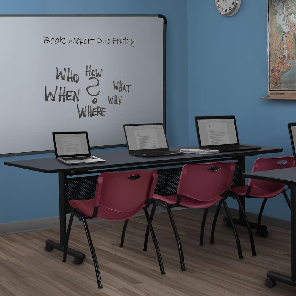 84" x 24" Flip Top Mobile Training Table with Modesty Panel- Grey and 3 "M" Stack Chairs- Burgundy