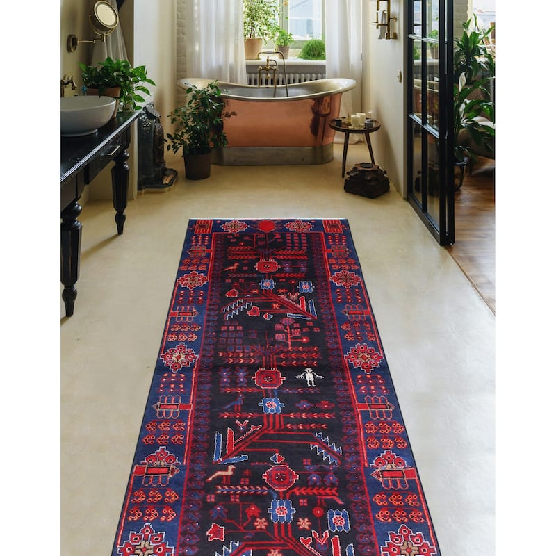 Fine Vintage Distressed Bahram Charcoal/Blue Runner - 3'4" x 8'9"