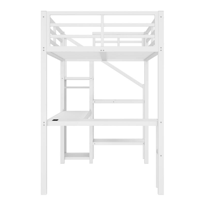 Roomfitters Full/Twin Size Metal Loft Bed with L-Shaped Desk, USB Ports, LED Lighting & Adjustable Shelves, White