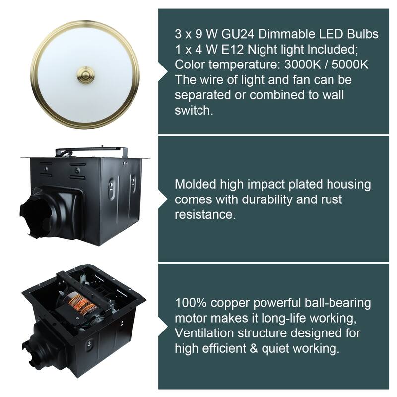 Exhaust Fan, Ultra Quiet 110 CFM 1.5 Sones Ventilation Exhaust Bathroom Fan with Light and Nightlight, 3 Years Warranty