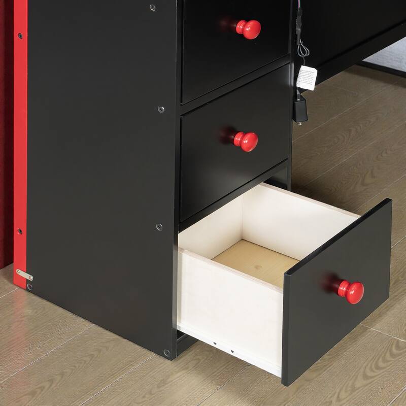 Full Size Gaming Loft Bed with Desk, LED Light, Storage Shelves and Drawers, Wood Loft Bed Frame for Teens Kids