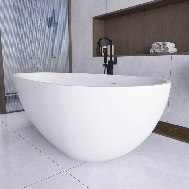 67 in. x 34 in. Stone Resin Solid Surface Freestanding Soaking Bathtub in Matte White