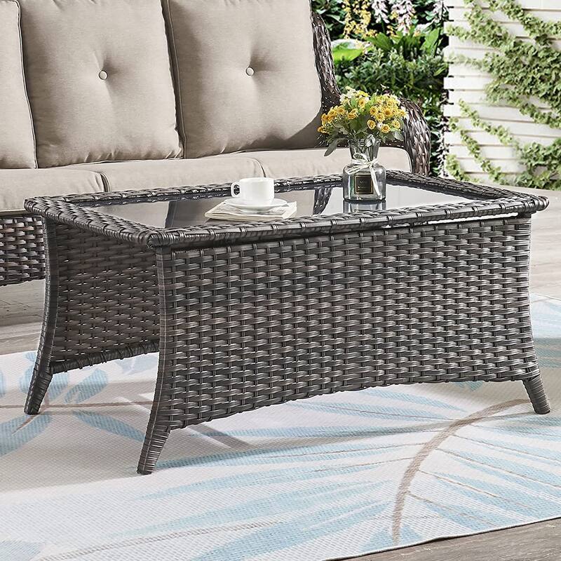 Outdoor Wicker Coffee Table Glass Top Rattan Table - Grey