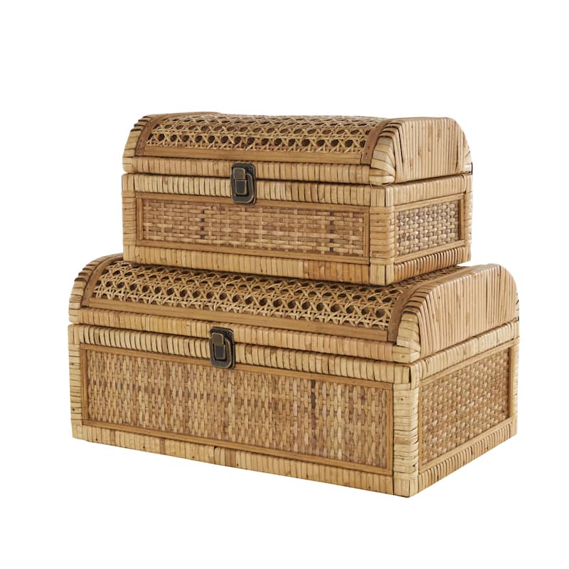 Rattan Handmade Woven Storage Decorative Box with Curved Tops and Wrapped Edges - Set of 2 Brown - Roche River Decor
