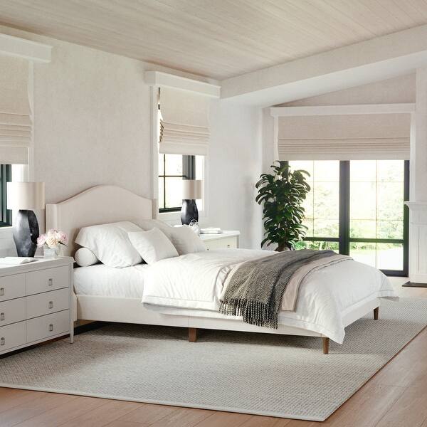 Martha Stewart Upholstered Platform Bed with Curved Headboard - Beige Fabric/Walnut Legs - Queen