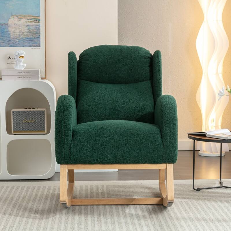 Modern Teddy Fabric Home Rocking Chair with Wood Leg, Tufted High Back