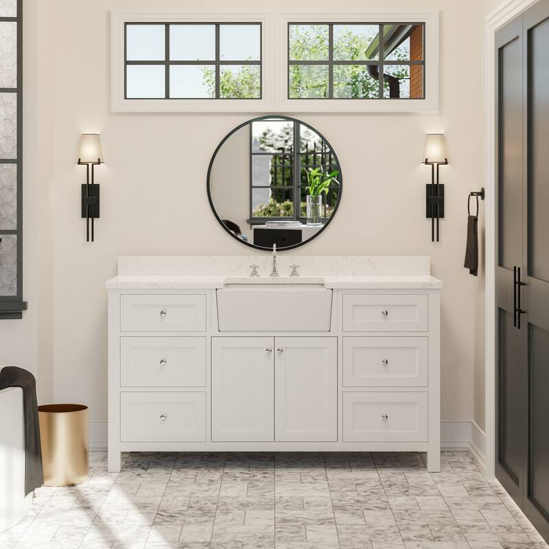 KitchenBathCollection Yorkshire 60" Single Farmhouse Vanity with Engineered Marble Top - White
