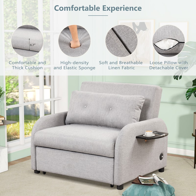 Roomfitters 3-in-1 Pull-Out Sofa Sleeper with 2-Wing Table USB Charging Port for Living Room Recreation Room