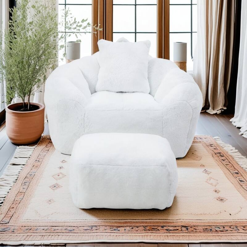 Faux Fur Shell Bean Bag Chair Sets with Footstool and High-Density Foam - White
