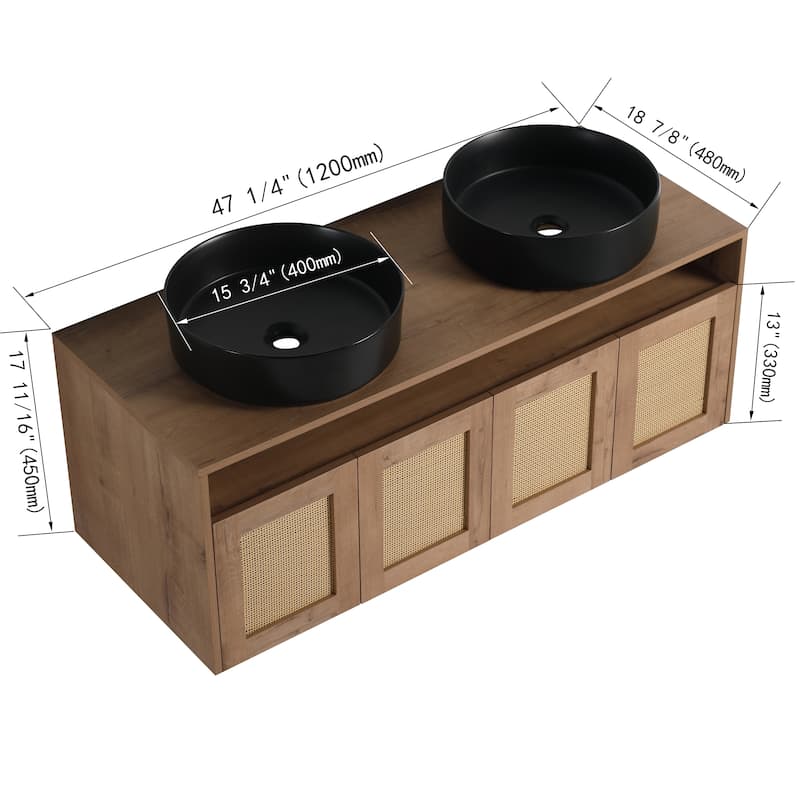 48" Bathroom Vanity with 2 Vessel Ceramic Sink Float Mounting Bathroom Storage Cabinet with 4-Soft Close Door