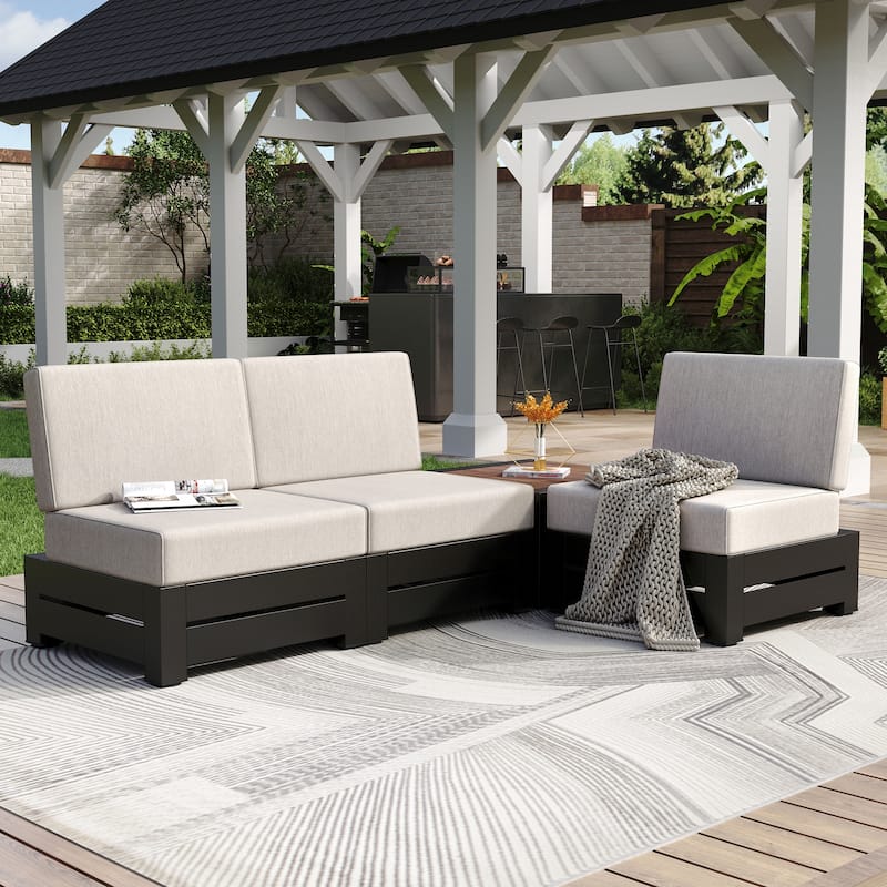 MAISON ARTS 3/4-Seat Outdoor Sectional Sofa, Patio Conversation Set with Wood Grain Table - 3-Seat