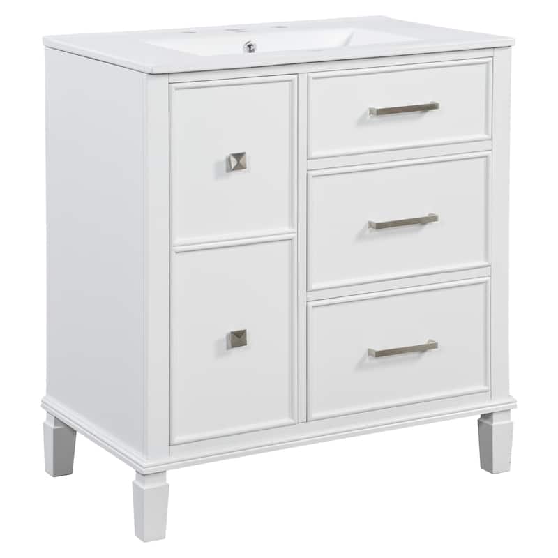 Roomfitters 30" Bathroom Vanity with Ceramic Sink Flip-Out Drawer for Plumbing Solid Wood Legs and MDF Cabinet