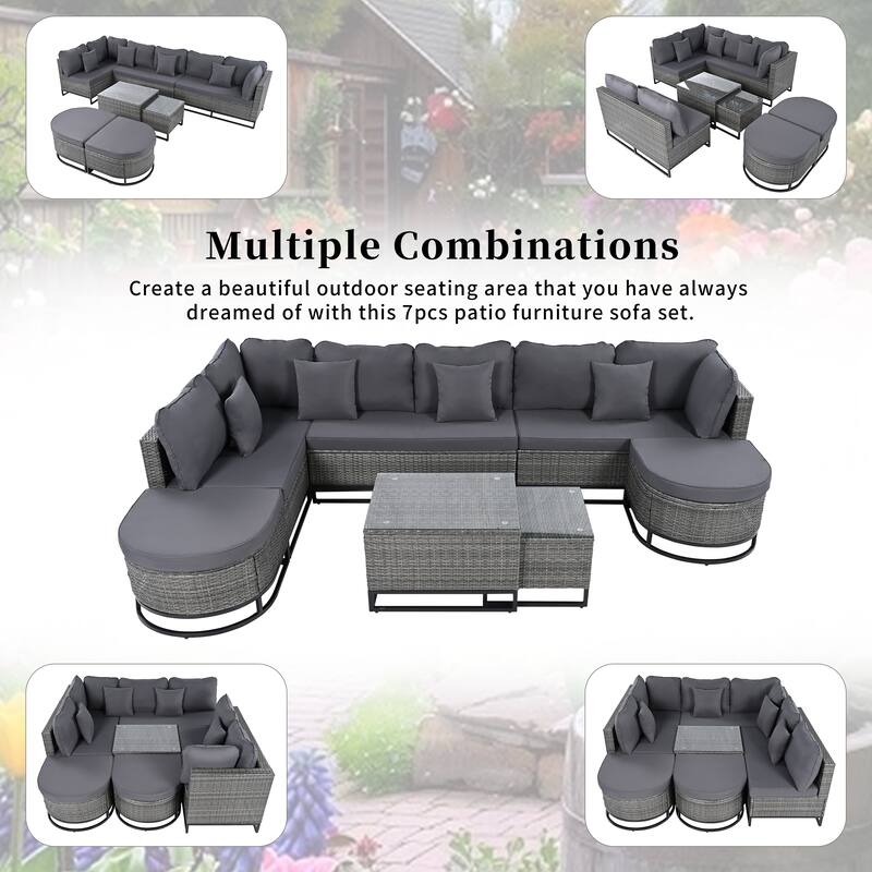 7-Piece Outdoor Wicker Sectional Sofa Set, All-Weather Patio Rattan Furniture Set with Coffee Table and Pillows