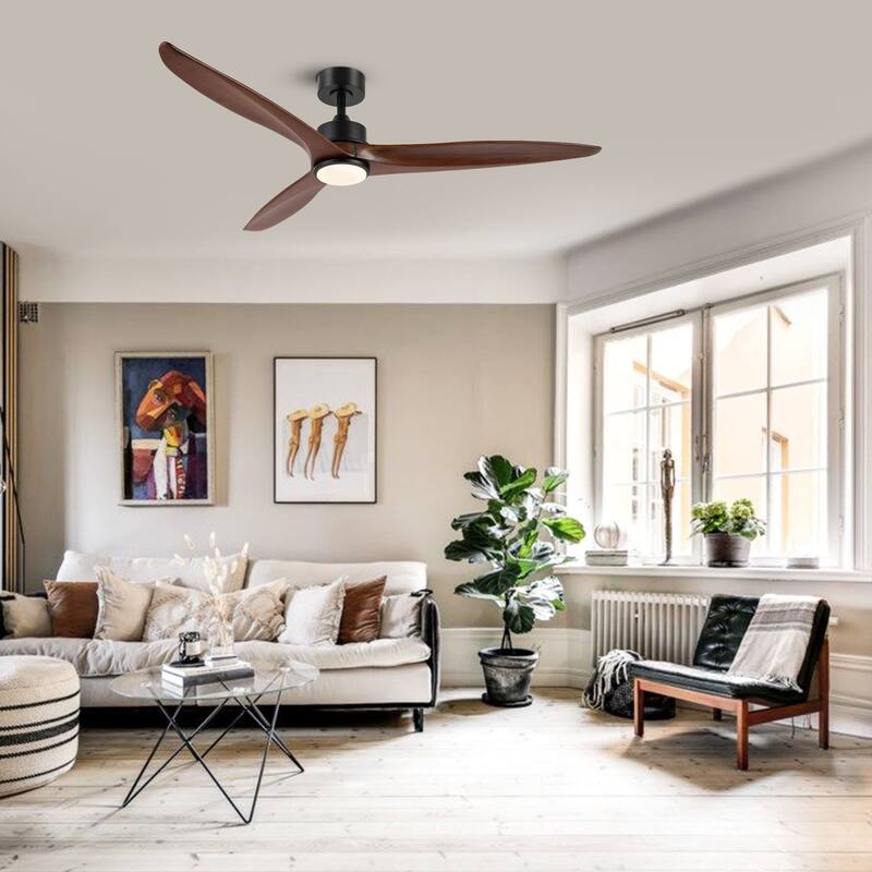 WINGBO 60 Inch DC Ceiling Fan with Lights and Remote Control, 3 Reversible Carved Wood Blades, 6-Speed Noiseless DC Motor