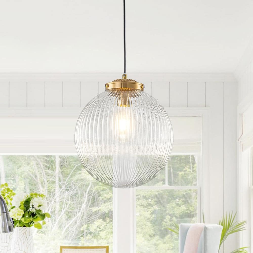 Mid-century 11.8 in 1-Light Ribbed Glass Globe Hanging Pendant - 11.8 in