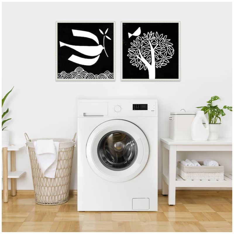 Kate and Laurel Sylvie Beaded Black and White Linocut Birds Framed Canvas Art Set by Giuliana Lazzerini