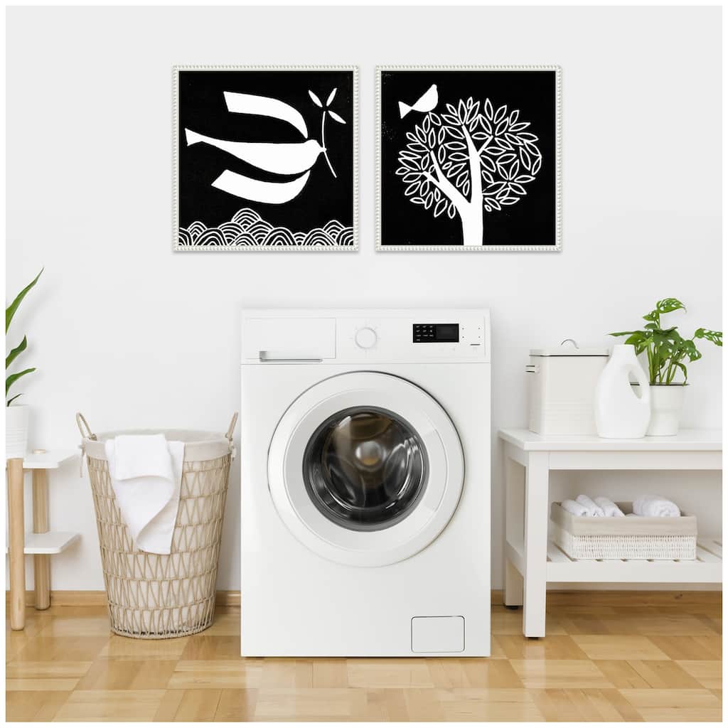 Kate and Laurel Sylvie Beaded Black and White Linocut Birds Framed Canvas Art Set by Giuliana Lazzerini