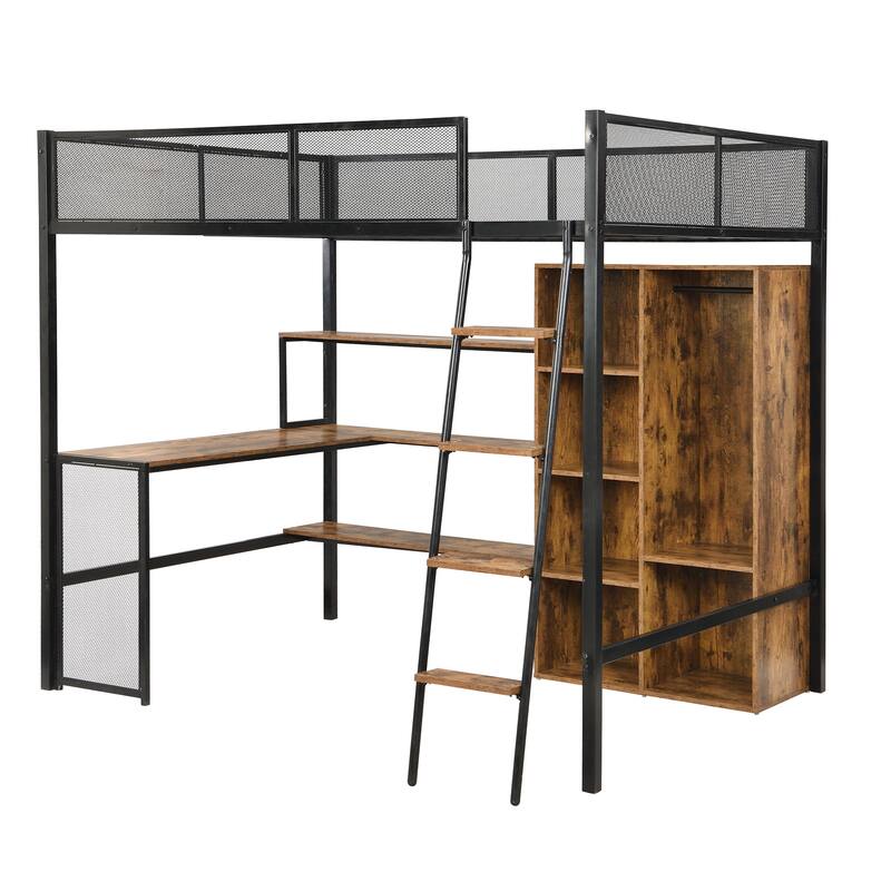 Full Size Metal Loft bed with Built-in Desk & Full-Length Guardrails, Saving Space Metal Loft Bed Frame with Wardrobe & Shelves