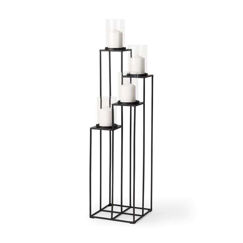 Cindy Matte Black Metal 4-Tier With Hurricane Glass Floor Candle Holders