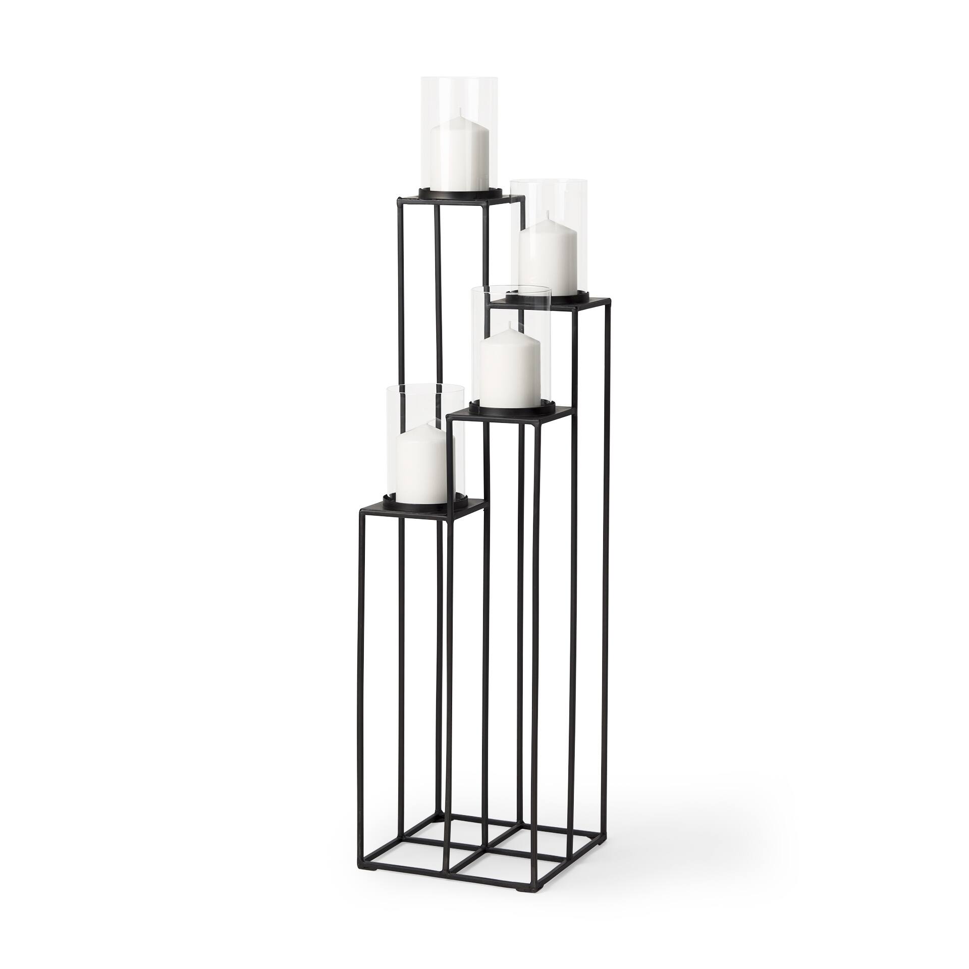 Cindy Matte Black Metal 4Tier With Hurricane Glass Floor Candle