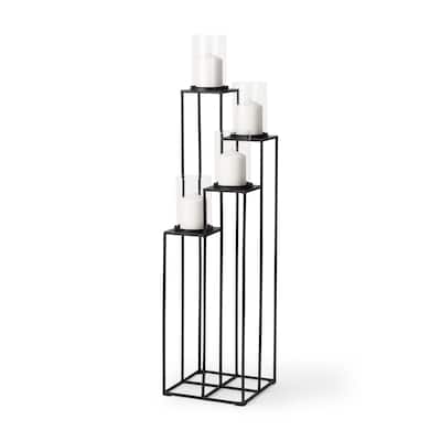 Cindy Matte Black Metal 4-Tier With Hurricane Glass Floor Candle Holders