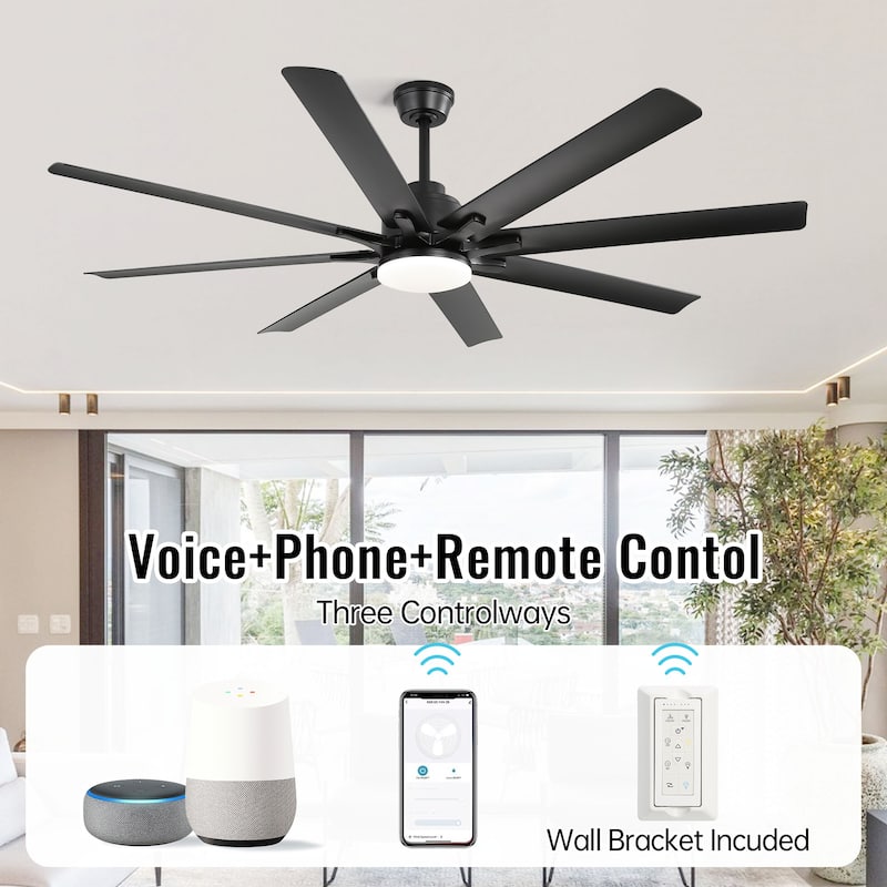 52 Inch/66 Inch/72 Inch Modern Ceiling Fan with Dimmable LED Light ,Remote&APP Control,8 Blades for Large Living Room,Porch - 66 Inch - Black