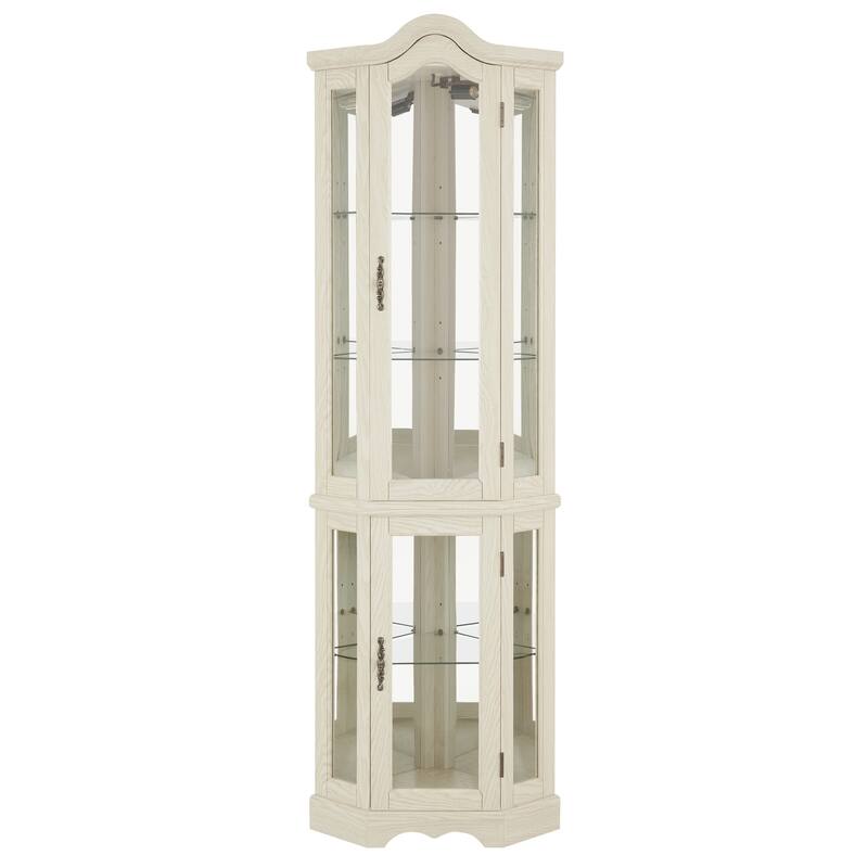 Lighted Corner Curio Cabinet, Freestanding Glass Display Cabinet, Wooden China Cabinet with Tempered Glass Doors & Shelves