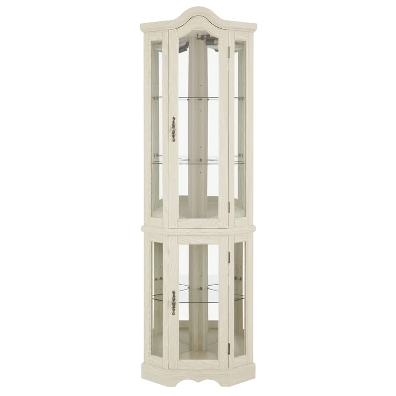Lighted Corner Curio Cabinet with Tempered Glass Doors & Shelves - Elegant Oak Display Storage for Living Room & Bedroom Decor
