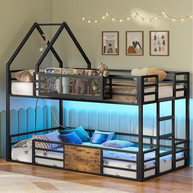 House Low Loft Bed Twin Size Storage Drawers Bookcase LED Lights - Black - TOT