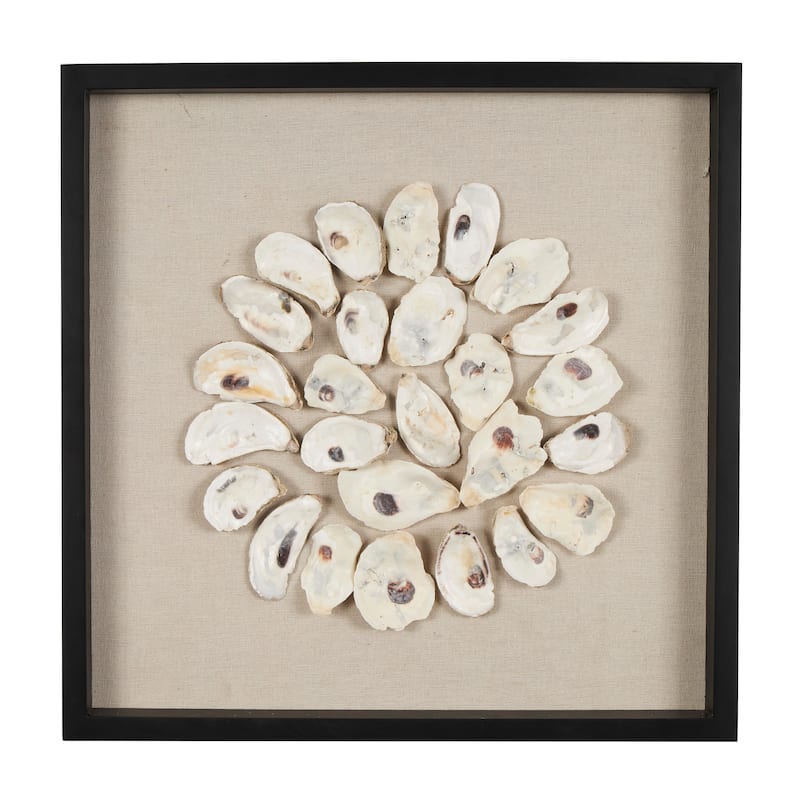 Cream Shell Handmade Abstract Circular Shell Wall Decor with Beige Linen Backing and Black Frame