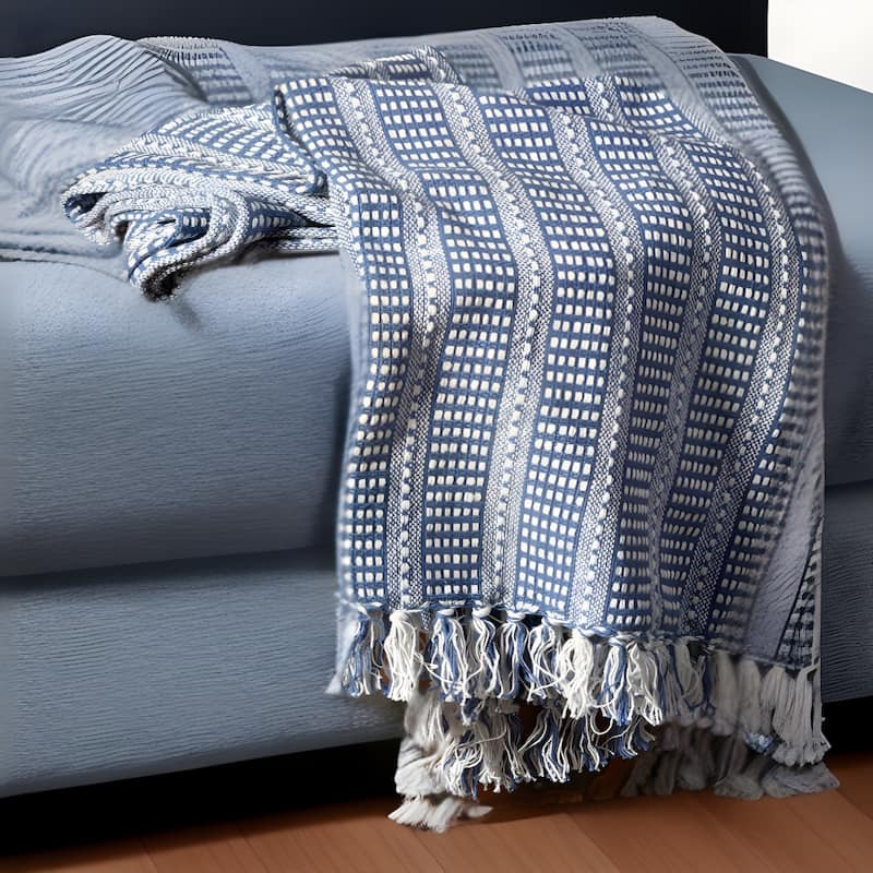 HomeRoots Blue and White Woven Cotton Striped Throw Blanket