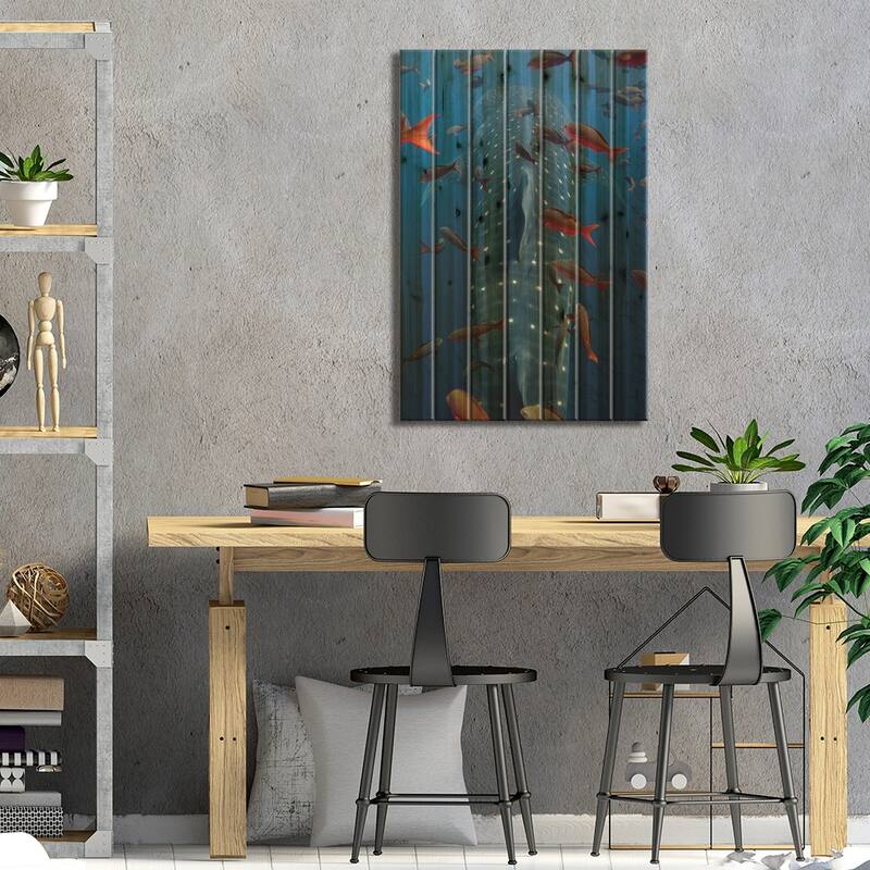 Whale Shark Swimming With Other Tropical Fish, Wolf Island, Galapagos Islands, Ecuador Print On Wood by Pete Oxford