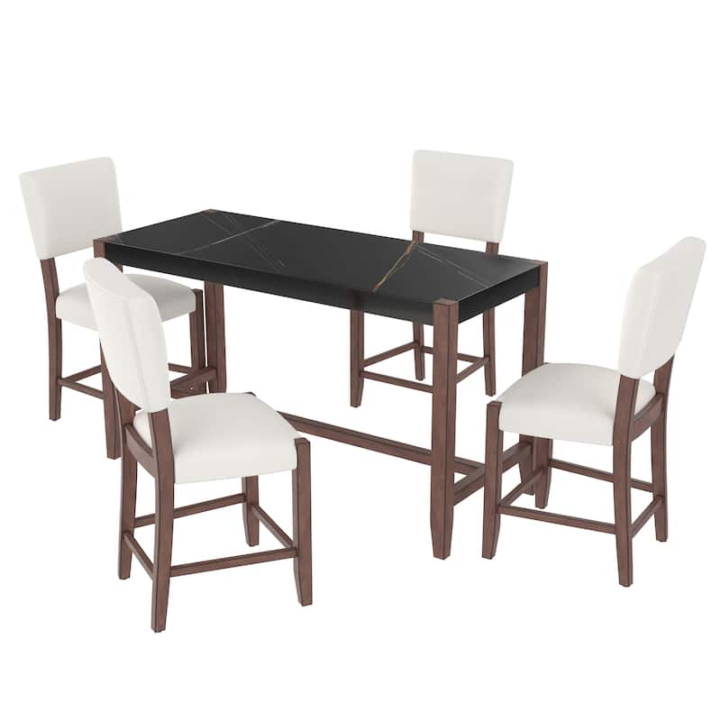 5-Piece Counter Height Dining Table Set with Faux Marble Table and 4 Upholstered-Seat Ergonomic Chairs, Anti-stain Surface