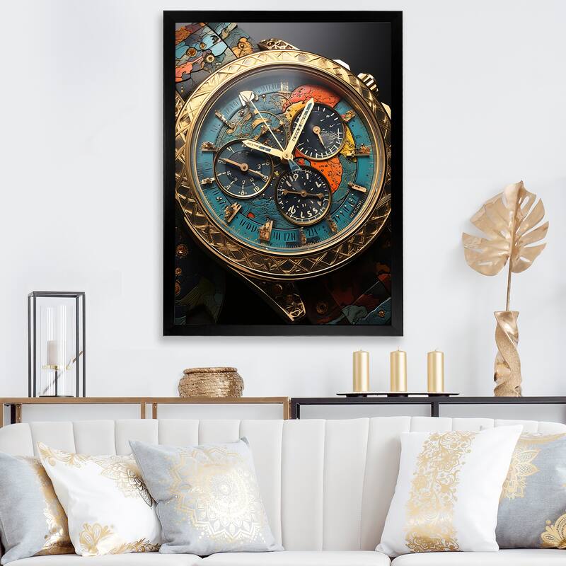 Designart "Luxury Watch Bronze Infinity III" Watches Framed Wall Art Living Room - 16 in. wide x 32 in. high - Black