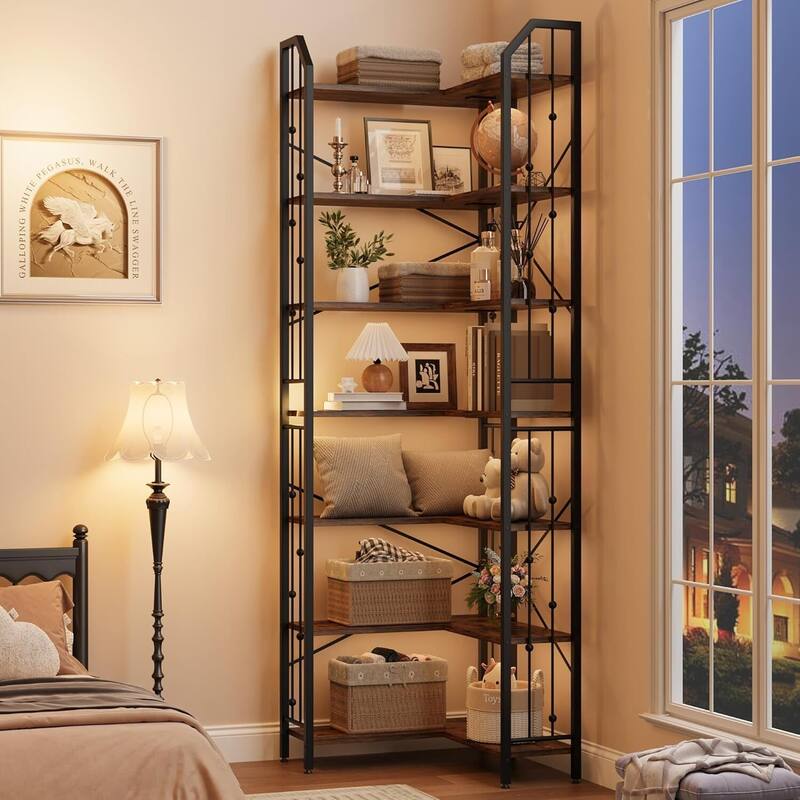 86" 7 Tier Industrial Corner Bookshelf, L-Shaped Bookcase - N/A