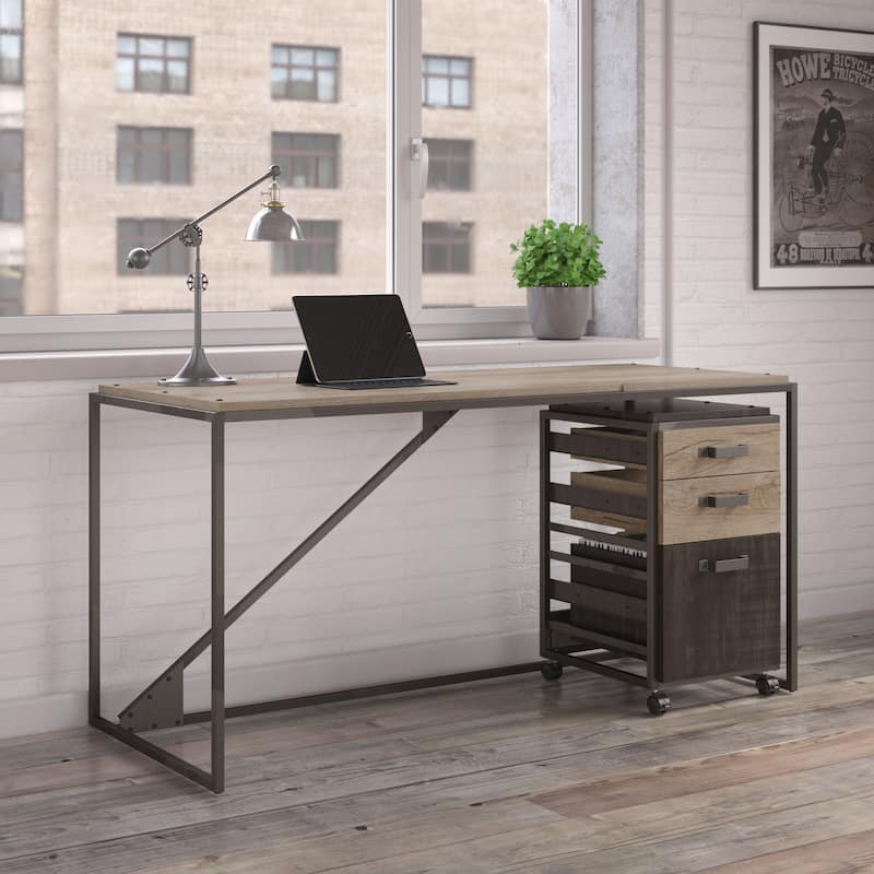 Bush Furniture Refinery 62W Industrial Desk with 3 Drawer Cabinet - Rustic Gray/Charred Wood